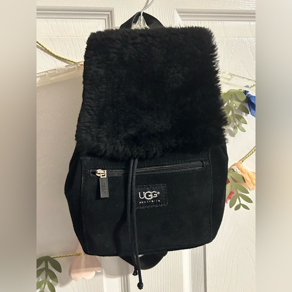 UGG Australia Black Suede Shearling Mini Drawstring Backpack - Picture 2 of 13